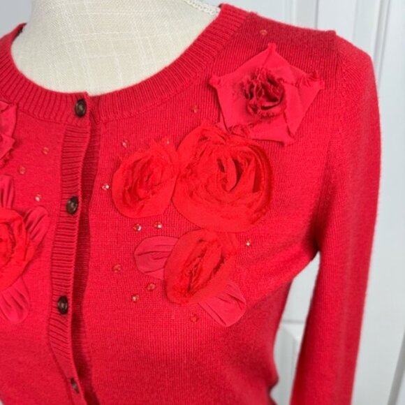 Fancy Red Cardigan with Fabric Florals and Crystal Detail - Picture 8 of 9